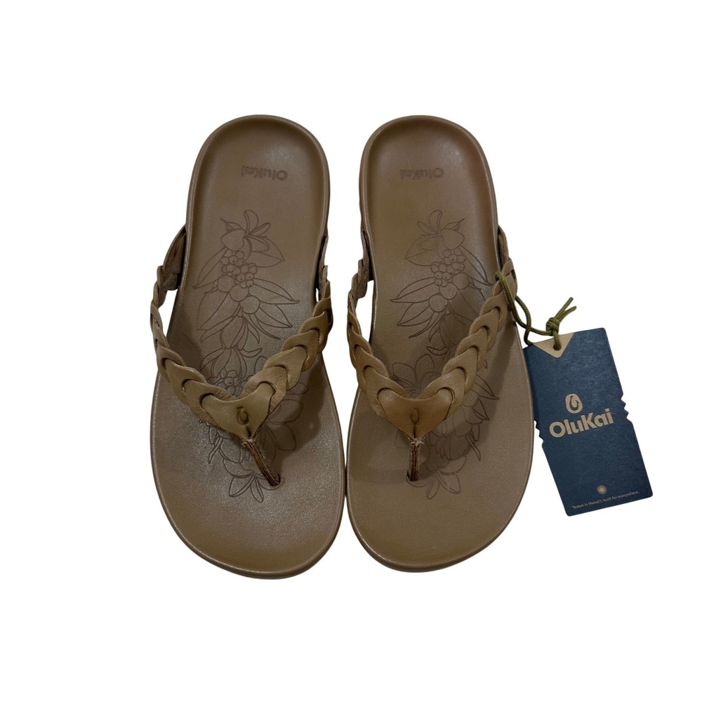 OluKai Women's Tan Braided Thong Sandals